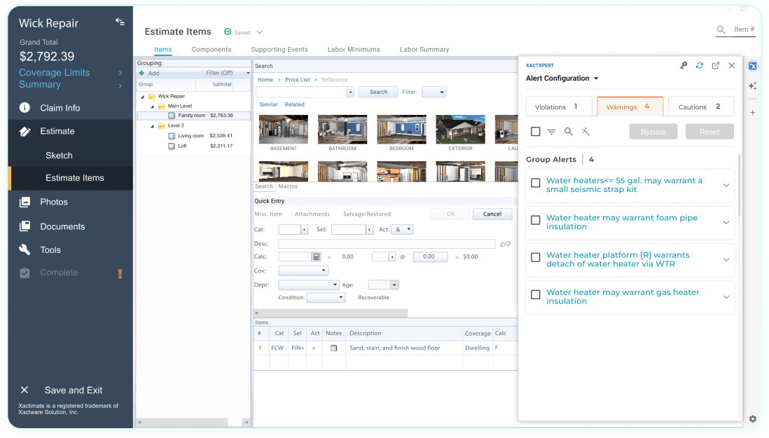 Actionable Profile alert guidance inside Xactimate