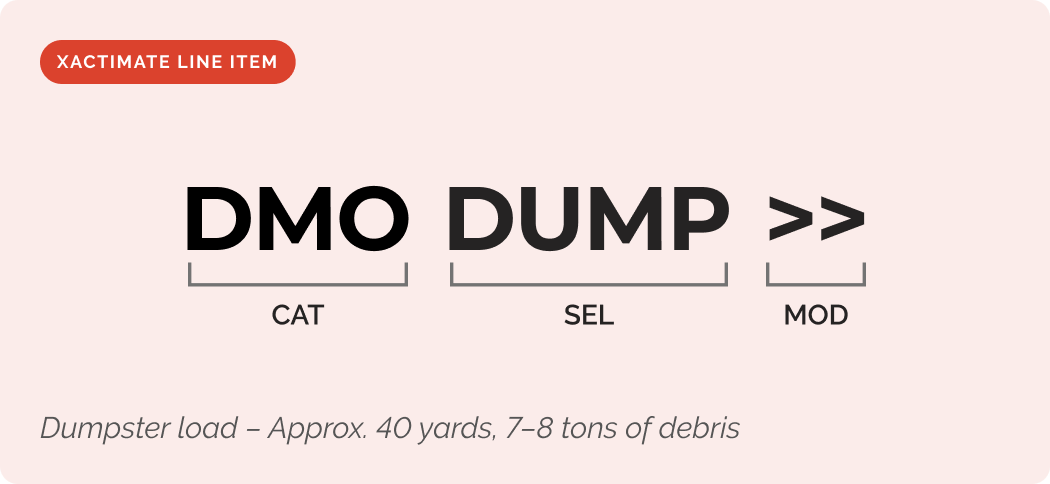 Xactimate line item configuration: DMO DUMP >> broken into CAT, SEL, MOD